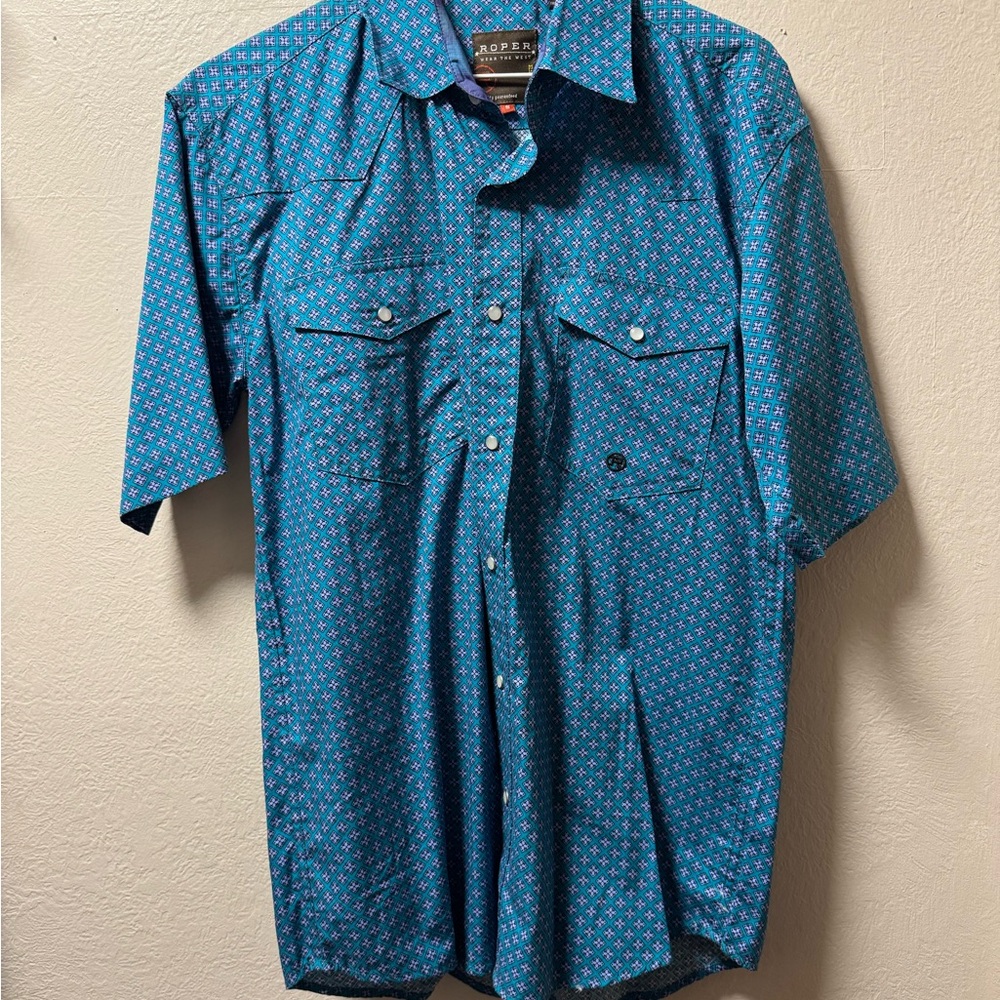 Roper Men's Teal and Red Patterned Shirt